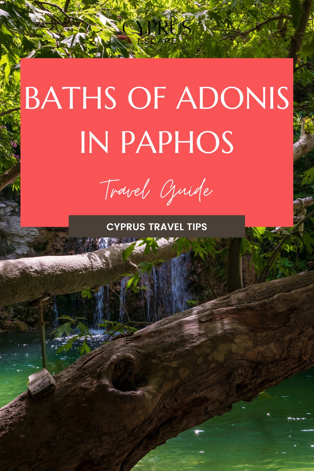pinterest image for an article about baths of adonis in paphos