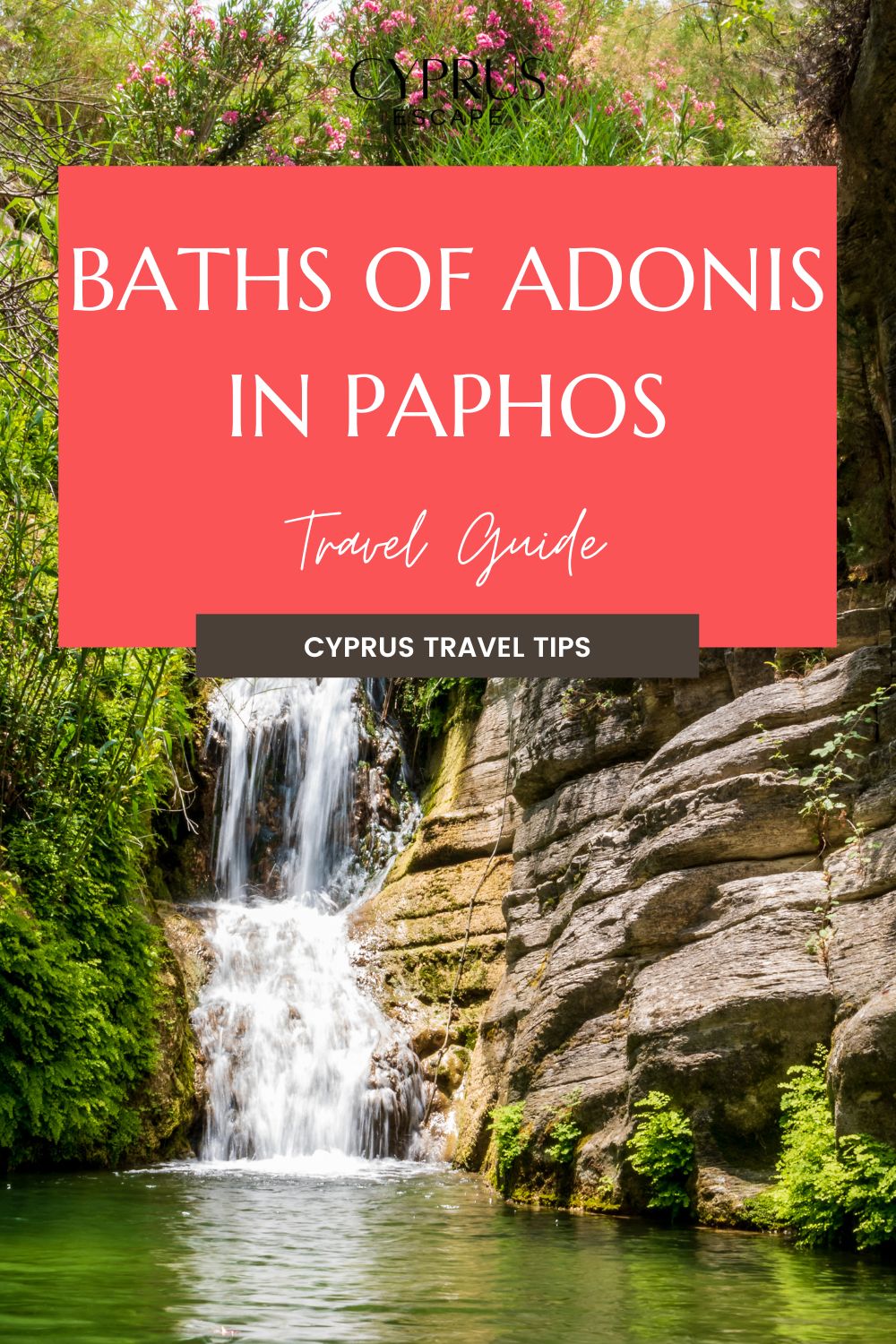 pinterest image for an article about baths of adonis in paphos