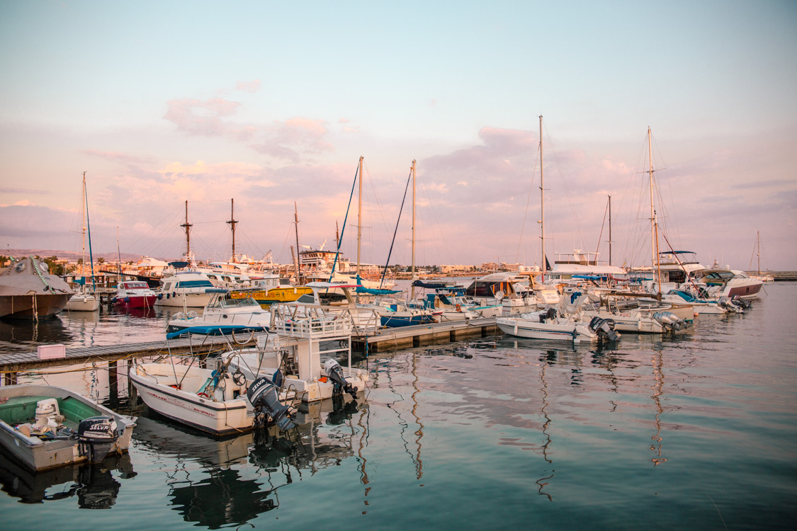 boats at Paphos Harbour, Cyprus during sunset